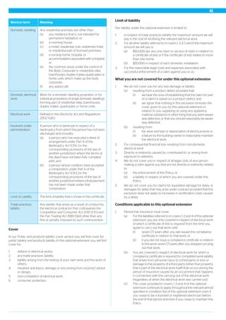 MeaningWord or term
Any residential premises but other than:Domestic dwelling
(a) any residence that is not intended for
permanent habitation; or
(b) a rooming house;
(c) a motel, residential club, residential hotel,
or residential part of licensed premises;
(d) a nursing home, hospital, or
accommodation associated with a hospital;
or
(e) the common areas under the control of
the Body Corporate in residential villas,
townhouses, duplex, triplex, quadruplex or
home units which make up the body
corporate;
(f) any watercraft.
Work for a domestic dwelling proprietor or for
individual proprietors of single domestic dwellings
Domestic electrical
work
forming part of residential villas, townhouses,
duplex, triplex, quadruplex or home units.
Defined in the Electricity Act and Regulations
2002 (Qld.).
Electrical work
A person who is bankrupt in respect of a
bankruptcy from which the person has not been
discharged and includes:
Insolvent under
administration
(a) a person who has executed a deed of
arrangement under Part X of the
Bankruptcy Act (Cth), (or the
corresponding provisions of the law of
another jurisdiction) where the terms of
the deed have not been fully complied
with; and
(b) a person whose creditors have accepted
a composition under Part X of the
Bankruptcy Act (Cth), (or the
corresponding provisions of the law of
another jurisdiction) where a final payment
has not been made under that
composition.
The limit of liability that is shown in the certificate.Limit of Liability
Any liability that arises as a result of conduct by
the electrical contractor that contravenes the
Trade practices
liability
Competition and Consumer Act 2010 (Cth) and
the Fair Trading Act 1989 (Qld) other than any
fine or penalty imposed by such contravention.
Cover
In our 'Public and products liability' cover section you will find cover for
public liability and products liability. In this optional extension you will find
cover for:
1. defects in electrical works;
2. any trade practices liability;
3. liability arising from the testing of your own work and the work of
others;
4. resultant and Injury, damage or loss arising from incorrect advice
or design;
5. non-completion of electrical work;
6. consumer protection.
Limit of liability
Our liability under this optional extension is limited to:
1. in respect of trade practices liability the maximum amount we will
pay is the cost of rectifying the relevant electrical work.
2. For all other liability referred to in covers 1, 3, 4, 5 and 6 the maximum
amount we will pay is:
(a) $50,000 per any one claim or service of claim in relation to
a certificate of test or if the certificate of test relates to more
than one home,
(b) $50,000 in respect of each domestic installation.
3. For the reasonable legal costs and expenses associated with
successful enforcement of a claim against you or us.
What you are not covered for under this optional extension
1. We do not cover you for any loss damage or liability:
(a) resulting from a product defect provided that:
(i) we bear the onus of establishing that the claim (or part
of a claim) is based on a product defect; and
(ii) we agree that nothing in this exclusion removes the
cover given to you by this optional extension in
relation to you supplying or using any appliance,
material, substance or other thing that you were aware
was defective, or that you should reasonably be aware
was defective
(b) resulting from:
(i) fair wear and tear or depreciation of electrical work or;
(ii) a failure by the building owner to reasonably maintain
the electrical work.
2. For consequential financial loss resulting from non-domestic
electrical work.
3. Directly or indirectly caused by, contributed to, or arising from
exposure to asbestos.
4. We do not cover you in respect of all legal costs of any person
making a claim against you that are not directly or indirectly related
to:
(a) the enforcement of this Policy; or
(b) a liability in respect of which you are covered under this
Policy.
5. We do not cover you for claims for liquidated damage for delay or
damages for delay that may arise under contract provided that this
exclusion does not apply to increases in rectification costs caused
by a delay.
Conditions applicable to this optional extension
1. Period that insurance must cover.
(a) For the liabilities referred to in covers 1, 2 and 4 of this optional
extension, you are only covered in respect of electrical work
of which a certificate of test is required from the time you
agree to carry out that work until:
(i) seven (7) years after you last issued the compliance
certificate in relation to that work; or
(ii) if you did not issue a compliance certificate in relation
to the work, seven (7) years after you stopped carrying
out that work.
(b) You are covered in respect of electrical work for which a
compliance certificate is required for completed work liability
that arises from personal injury to a third party or loss or
damage to the property of a third party (other than property
that is part of the electrical work itself) that occurs during the
period of insurance caused by an occurrence that happens
in connection with the carrying out of the electrical work
(regardless of when the electrical work was carried out).
(c) The cover provided in covers 1, 2 and 4 of this optional
extension continues to apply throughout the relevant period
specified in condition 1(a) of this optional extension even if
you cease to be a licensed or registered electrician before
the end of that period and even if you cease to maintain this
Policy.
41
 