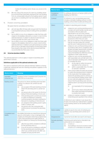 (unless the building owner refuses you access to the
site).
(b) We may reduce the amount of a claim by a building owner
by an amount that reasonably represents the cost resulting
from an unreasonable refusal by the building owner to give
you access to a building site if we have asked you to attend
the site.
16. Provision concerning cancellation.
We agree that the cancellation of this Policy:
(a) will only take effect 30 days after we give both the Electrical
Licensing Board and you notice in writing of the cancellation;
and
(b) has no effect on any of our obligations under this Policy with
respect to the liabilities referred to in covers 1, 2 and 4 of this
optional extension in relation to electrical work that was
carried out while this Policy was in force; and
(c) has no effect on any of our obligations under this Policy with
respect to the liabilities referred to in covers 3 and 4 of this
optional extension in relation to any personal injury to a third
party or loss or damage to the property of a third party (other
than property that is part of the electrical work itself) that
occurred while this Policy was in force.
(G) Victorian plumbers liability
This optional extension is only to apply in respect of plumbing work
performed in Victoria.
Definitions applicable to this optional extension only
Any word or expression which this optional extension defines as having
a particular meaning will have the meaning everywhere it appears in this
optional extension.
MeaningWord or term
Schedule 2 of the Competition and Consumer Act
2010 (Cth) or its successor.
Australian
consumer law
The person for whom plumbing work has been,
is being, or is about to be, carried out and
includes:
Building owner
(a) any occupier of the land, building or home
where the plumbing work is carried out;
and
(b) any person who is the owner for the time
being of that land, building or home; and
(c) if the plumbing work is carried out on land
in a plan of subdivision containing
common property, the body corporate for
that land or a building on that land; and
(d) any assignee of the building owner’s rights
under a contract; and
(e) any person who has contracted with
another person to provide the plumbing
work.
Any liability that arises as a result of any personal
injury to a third party, or loss or damage to the
property of a third party (other than property that
Completed work
liability
is part of the plumbing work itself), directly or
indirectly related to or arising from the plumbing
work:
(a) after the issue of the compliance certificate
for the plumbing work; or
(b) if you do not issue a compliance certificate
for the plumbing work, plumbing work
which you carried out but only after you
stopped carrying out that work.
MeaningWord or term
A certificate referred to in Section 221ZH of the
Building Act 1993 (Vic).
Compliance
certificate
A contract to carry out plumbing work and
includes a domestic building contract or other
building contract that includes plumbing work.
Contract
In relation to plumbing work includes:Defect
(a) a failure to carry out the plumbing work in
a proper and workmanlike manner and in
accordance with any plans and
specifications set out in the contract;
(b) a failure to use materials in the plumbing
work that are good and suitable for the
purpose for which they are used;
(c) the use of materials in the plumbing work
that are not new (unless the contract
permits use of materials that are not new);
(d) a failure to carry out the plumbing work in
accordance with, and in compliance with,
all laws and legal requirements including,
without limiting the generality of this
clause, the Building Act 1993 (Vic) and any
regulations made under that Act;
(e) a failure to carry out the plumbing pork
with reasonable care and skill and, in the
case of domestic plumbing work, a failure
to complete the work:
(i) by the date (or within the period)
specified by the contract; or
(ii) within a reasonable time, if no date
(or period) is specified;
(f) if the contract states the particular purpose
for which the plumbing work is required,
or the result which the building owner
wishes the plumbing work to achieve, so
as to show that the building owner relies
on your skill and judgement, a failure to
ensure that the plumbing work and any
material used in carrying out the plumbing
work:
(i) are reasonably fit for that purpose;
or
(ii) are of such a nature and quality that
they might reasonably be expected
to achieve that result;
(g) a failure to maintain a standard or quality
of plumbing work specified in the contract.
A reference to any material in sub clause (b) or
(f) does not include any material that is supplied
by the building owner (or the building owner’s
agent).
Liability to pay for the costs of rectifying any
defect in your plumbing work carried out in
Victoria.
Defects liability
Cannot be found after due search and inquiry.Disappearance
Plumbing work performed or intended to be
performed on or in relation to:
Domesticplumbing
work
(a) a home; or
(b) any building or structure on land on which
a home is or is intended to be situated.
43
 