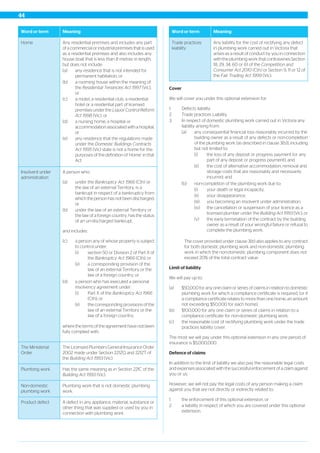 MeaningWord or term
Any residential premises and includes any part
of a commercial or industrial premises that is used
as a residential premises and also includes any
house boat that is less than 8 metres in length,
but does not include:
Home
(a) any residence that is not intended for
permanent habitation, or
(b) a rooming house within the meaning of
the Residential Tenancies Act 1997 (Vic),
or
(c) a motel, a residential club, a residential
hotel or a residential part of licensed
premises under the Liquor Control Reform
Act 1998 (Vic), or
(d) a nursing home, a hospital or
accommodation associated with a hospital,
or
(e) any residence that the regulations made
under the Domestic Buildings Contracts
Act 1995 (Vic) state is not a home for the
purposes of the definition of ‘Home’ in that
Act.
A person who:Insolvent under
administration
(a) under the Bankruptcy Act 1966 (Cth) or
the law of an external Territory, is a
bankrupt in respect of a bankruptcy from
which the person has not been discharged;
or
(b) under the law of an external Territory or
the law of a foreign country, has the status
of an un-discharged bankrupt,
and includes:
(c) a person any of whose property is subject
to control under:
(i) section 50 or Division 2 of Part X of
the Bankruptcy Act 1966 (Cth); or
(ii) a corresponding provision of the
law of an external Territory or the
law of a foreign country; or
(d) a person who has executed a personal
insolvency agreement under:
(i) Part X of the Bankruptcy Act 1966
(Cth); or
(ii) the corresponding provisions of the
law of an external Territory or the
law of a foreign country;
where the terms of the agreement have not been
fully complied with.
The Licensed Plumbers General Insurance Order
2002 made under Section 221ZQ and 221ZT of
the Building Act 1993 (Vic).
The Ministerial
Order
Has the same meaning as in Section 221C of the
Building Act 1993 (Vic).
Plumbing work
Plumbing work that is not domestic plumbing
work.
Non-domestic
plumbing work
A defect in any appliance, material, substance or
other thing that was supplied or used by you in
connection with plumbing work
Product defect
MeaningWord or term
Any liability for the cost of rectifying any defect
in plumbing work carried out in Victoria that
Trade practices
kiability
arises as a result of conduct by you in connection
with the plumbing work that contravenes Section
18, 29, 34, 60 or 61 of the Competition and
Consumer Act 2010 (Cth) or Section 9, 11 or 12 of
the Fair Trading Act 1999 (Vic).
Cover
We will cover you under this optional extension for:
1. Defects liability.
2. Trade practices Liability.
3. In respect of domestic plumbing work carried out in Victoria any
liability arising from:
(a) any consequential financial loss reasonably incurred by the
building owner as a result of any defects or non-completion
of the plumbing work (as described in clause 3(b)), including
but not limited to:
(i) the loss of any deposit or progress payment (or any
part of any deposit or progress payment); and
(ii) the cost of alternative accommodation, removal and
storage costs that are reasonably and necessarily
incurred; and
(b) non-completion of the plumbing work due to:
(i) your death or legal incapacity;
(ii) your disappearance;
(iii) you becoming an insolvent under administration;
(iv) the cancellation or suspension of your licence as a
licensed plumber under the Building Act 1993 (Vic); or
(v) the early termination of the contract by the building
owner as a result of your wrongful failure or refusal to
complete the plumbing work.
The cover provided under clause 3(b) also applies to any contract
for both domestic plumbing work and non-domestic plumbing
work in which the non-domestic plumbing component does not
exceed 20% of the total contract value.
Limit of liability
We will pay up to:
(a) $50,000 for any one claim or series of claims in relation to domestic
plumbing work for which a compliance certificate is required, (or if
a compliance certificate relates to more than one home, an amount
not exceeding $50,000 for each home),
(b) $100,000 for any one claim or series of claims in relation to a
compliance certificate for non-domestic plumbing work,
(c) the reasonable cost of rectifying plumbing work under the trade
practices liability cover.
The most we will pay under this optional extension in any one period of
insurance is $5,000,000.
Defence of claims
In addition to the limit of liability we also pay the reasonable legal costs
and expenses associated with the successful enforcement of a claim against
you or us.
However, we will not pay the legal costs of any person making a claim
against you that are not directly or indirectly related to:
1. the enforcement of this optional extension, or
2. a liability in respect of which you are covered under this optional
extension.
44
 