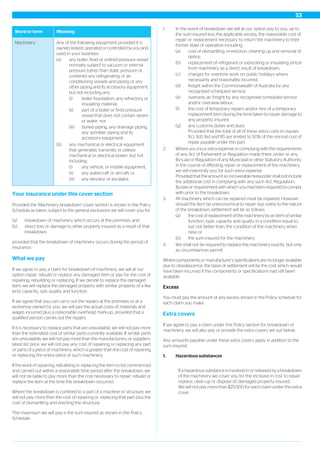 MeaningWord or term
Any of the following equipment provided it is
owned, leased, operated or controlled by you and
used in your business:
Machinery
(a) any boiler, fired or unfired pressure vessel
normally subject to vacuum or internal
pressure (other than static pressure of
contents) any refrigerating or air
conditioning vessels and piping or any
other piping and its accessory equipment,
but not including any:
(i) boiler foundation, any refractory or
insulating material;
(ii) part of a boiler or fired pressure
vessel that does not contain steam
or water; nor
(iii) buried piping, any drainage piping,
any sprinkler piping and its
accessory equipment;
(b) any mechanical or electrical equipment
that generates, transmits or utilises
mechanical or electrical power, but not
including:
(i) any vehicle, or mobile equipment;
(ii) any watercraft or aircraft; or
(iii) any elevator or escalator.
Your insurance under this cover section
Provided the 'Machinery breakdown' cover section is shown in the Policy
Schedule as taken, subject to the general exclusions we will cover you for:
(a) breakdown of machinery which occurs at the premises; and
(b) direct loss or damage to other property insured as a result of that
breakdown,
provided that the breakdown of machinery occurs during the period of
insurance.
What we pay
If we agree to pay a claim for breakdown of machinery, we will at our
option repair, rebuild or replace any damaged item or pay for the cost of
repairing, rebuilding or replacing. If we decide to replace the damaged
item, we will replace the damaged property with similar property of a like
kind, capacity, size, quality and function.
If we agree that you can carry out the repairs at the premises or at a
workshop owned by you, we will pay the actual costs of materials and
wages incurred plus a reasonable overhead mark-up, provided that a
qualified person carries out the repairs.
If it is necessary to replace parts that are unavailable, we will not pay more
than the estimated cost of similar parts currently available. If similar parts
are unavailable, we will not pay more than the manufacturers, or suppliers,
latest list price. we will not pay any cost of repairing or replacing any part
or parts of a piece of machinery, which is greater than the cost of repairing
or replacing the entire piece of such machinery.
If the work of repairing, rebuilding or replacing the item is not commenced
and carried out within a reasonable time period after the breakdown, we
will not be liable to pay more than the cost necessary to repair, rebuild or
replace the item at the time the breakdown occurred.
Where the breakdown is confined to a part of a machine or structure, we
will not pay more than the cost of repairing or replacing that part plus the
cost of dismantling and erecting the structure.
The maximum we will pay is the sum insured as shown in the Policy
Schedule.
1. In the event of breakdown we will at our option pay to you, up to
the sum insured less the applicable excess, the reasonable cost of
repair or replacement necessary to return the machinery to their
former state of operation including:
(a) cost of dismantling, re-erection, cleaning up and removal of
debris;
(b) replacement of refrigerant or lubricating or insulating oil lost
from machinery as a direct result of breakdown;
(c) charges for overtime work on public holidays where
necessarily and reasonably incurred;
(d) freight within the Commonwealth of Australia by any
recognised scheduled service;
(e) overseas air freight by any recognised scheduled service
and/or overseas labour;
(f) the cost of temporary repairs and/or hire of a temporary
replacement item during the time taken to repair damage to
any property insured;
(g) any customs duties and dues.
Provided that the total of all of these extra costs in clauses
1(c), 1(d), 1(e) and 1(f) are limited to 50% of the normal cost of
repair payable under this part.
2. Where you incur extra expense, in complying with the requirements
of any Act of Parliament or Regulation made there under or any
By-Law or Regulation of any Municipal or other Statutory Authority,
in the course of effecting repair or replacement of the machinery,
we will indemnify you for such extra expense.
Provided that the amount so recoverable hereunder shall not include
the additional cost in complying with any such Act, Regulation,
By-law or requirement with which you had been required to comply
with prior to the breakdown.
3. All machinery which can be repaired must be repaired. However
should the item be uneconomical to repair due solely to the nature
of the breakdown, settlement will be as follows:
(a) the cost of replacement of the machinery by an item of similar
function, type, capacity and quality in a condition equal to,
but not better than, the condition of the machinery when
new; or
(b) the sum insured for the machinery.
4. We shall not be required to replace the machinery exactly, but only
as circumstances permit.
Where components or manufacturer’s specifications are no longer available
due to obsolescence, the basis of settlement will be the cost which would
have been incurred if the components or specifications had still been
available.
Excess
You must pay the amount of any excess shown in the Policy schedule for
each claim you make.
Extra covers
If we agree to pay a claim under this Policy section for breakdown of
machinery, we will also pay or provide the extra covers set out below.
Any amounts payable under these extra covers apply in addition to the
sum insured.
1. Hazardous substances
If a hazardous substance is involved in or released by a breakdown
of the machinery we cover you for the increase in cost to repair,
replace, clean up or dispose of, damaged property insured.
We will not pay more than $25,000 for each claim under this extra
cover.
53
 