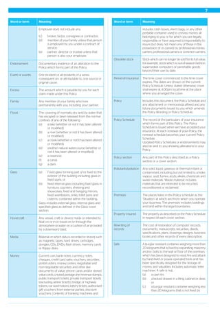 MeaningWord or term
Employee does not include any:
(c) broker, factor, consignee or contractor;
(d) member of your family unless that person
is employed by you under a contract of
service;
(e) partner, director or trustee unless that
person is also your employee.
Documentary evidence of an alteration to the
Policy which forms part of the Policy.
Endorsement
One incident or all incidents of a series
consequent on, or attributable to, one source or
original cause.
Event or events
The amount which is payable by you for each
claim made under this Policy.
Excess
Any member of your family who lives
permanently with you, including your partner.
Family
The covering of normally dry land by water that
has escaped or been released from the normal
confines of any of the following:
Flood
(a) a lake (whether or not it has been altered
or modified);
(b) a river (whether or not it has been altered
or modified);
(c) a creek (whether or not it has been altered
or modified);
(d) another natural watercourse (whether or
not it has been altered or modified);
(e) a reservoir;
(f) a canal;
(g) a dam.
Glass (a) Fixed glass forming part of or fixed to the
exterior of the building including glass in
fixed signs; or
(b) fixed internal glass including fixed glass in
furniture, counters, shelving and
showcases, fixed and hanging mirrors,
fixed washbasins, sinks, toilet pans and
cisterns, contained within the building.
Glass includes external glass, internal glass and
specified glass as defined in the Glass cover
section.
Any vessel, craft or device made or intended to
float on or in or travel on or through the
atmosphere or water on a cushion of air provided
by a downward blast.
Hovercraft
Material on which data is recorded or stored, such
as magnetic tapes, hard drives, cartridges,
dongles, CDs, DVDs, flash drives, memory cards
or floppy disks.
Media
Current coin, bank notes, currency notes,
cheques, credit card sales vouchers, securities,
postal orders, money orders, negotiable and
Money
non-negotiable securities and other like
documents of value, phone cards and/or stored
value cards, unused postage and revenue stamps,
public transport tickets, private transport tickets
(excluding airline tickets), bridge or highway
tokens, car wash tokens, lottery tickets, authorised
gift vouchers from external parties, discount
vouchers, contents of franking machines and
MeaningWord or term
includes cash boxes, alarm bags, or any other
portable container used to convey money all
belonging to you or for which you are legally
responsible or have assumed a responsibility to
insure but does not mean any of these in the
possession of or carried by professional money
carriers, professional carriers or common carriers.
Stock which can no longer be sold for its full value,
for example, stock which is out-of-season fashion,
superseded computers or perishable goods
beyond their use by date.
Obsolete stock
The time cover commenced to the time cover
expires. The dates are shown on the current
Policy Schedule. Unless stated otherwise, cover
shall expire at 4.00pm local time at the place
where you arranged the cover.
Period of insurance
Includes this document, the Policy Schedule and
any attachment or memoranda affixed and any
future documents issued to you which amends
the Policy Wording or Policy Schedule.
Policy
The record of the particulars of your insurance
which forms part of this Policy. The Policy
Schedule is issued when we have accepted your
Policy Schedule
insurance. At each renewal of your Policy, the
renewal schedule becomes your current Policy
Schedule.
Updated Policy Schedules or endorsements may
also be sent to you showing alterations to your
Policy.
Any part of this Policy described as a Policy
section or a cover section.
Policy section
Any solid, liquid, gaseous or thermal irritant or
contaminant, including, but not limited to, smoke,
vapour, soot, fumes, acids, alkalis, chemicals and
Pollutants/pollution
waste materials. ‘Waste material’ includes
materials that are intended to be recycled,
reconditioned or reclaimed.
The places listed in the Policy schedule as the
‘Situation’ at which and from which you operate
your business. The premises includes buildings
and land within the legal boundaries.
Premises
The property as described on the Policy Schedule
in respect of each cover section.
Property insured
The cost of restoration of computer records,
documents, manuscripts, securities, deeds,
specifications, plans, drawings, designs, business
books and other records of every description.
Rewriting of
records
A burglar resistant container weighing more than
20 kilograms that is fixed by expanding masonry
anchor bolts to the wall or floor of the premises
Safe
which has been designed to resist fire and attack
by hand-held or power-operated tools and has
been specifically designed for the storage of
money and valuables. Includes automatic teller
machines. A safe is not:
(a) a cash tin;
(b) a locked drawer in a filing cabinet or desk;
or
(c) a burglar resistant container weighing less
than 20 kilograms that is not fixed by
7
 