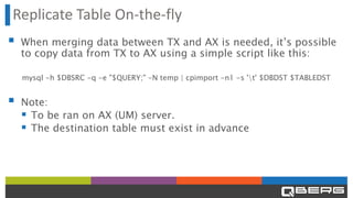 Replicate Table On-the-fly
▪ When merging data between TX and AX is needed, it’s possible
to copy data from TX to AX using a simple script like this:
mysql -h $DBSRC -q -e "$QUERY;" -N temp | cpimport -n1 -s 't' $DBDST $TABLEDST
▪ Note:
▪ To be ran on AX (UM) server.
▪ The destination table must exist in advance
 