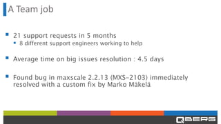 A Team job
▪ 21 support requests in 5 months
▪ 8 different support engineers working to help
▪ Average time on big issues resolution : 4.5 days
▪ Found bug in maxscale 2.2.13 (MXS-2103) immediately
resolved with a custom fix by Marko Mäkelä
 