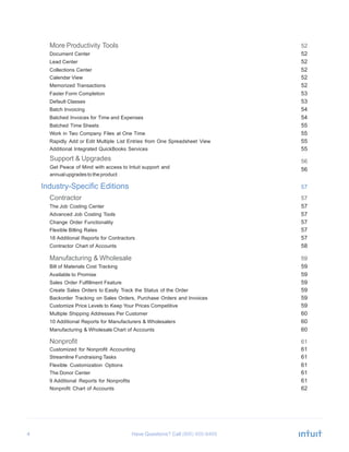 4 Have Questions? Call
More Productivity Tools 52
Document Center 52
Lead Center 52
Collections Center 52
Calendar View 52
Memorized Transactions 52
Faster Form Completion 53
Default Classes 53
Batch Invoicing 54
Batched Invoices for Time and Expenses 54
Batched Time Sheets 55
Work in Two Company Files at One Time 55
Rapidly Add or Edit Multiple List Entries from One Spreadsheet View 55
Additional Integrated QuickBooks Services 55
56Support & Upgrades
Get Peace of Mind with access to Intuit support and
annualupgradestotheproduct
56
Industry-Specific Editions 57
Contractor 57
The Job Costing Center 57
Advanced Job Costing Tools 57
Change Order Functionality 57
Flexible Billing Rates 57
18 Additional Reports for Contractors 57
Contractor Chart of Accounts 58
Manufacturing & Wholesale 59
Bill of Materials Cost Tracking 59
Available to Promise 59
Sales Order Fulfillment Feature 59
Create Sales Orders to Easily Track the Status of the Order 59
Backorder Tracking on Sales Orders, Purchase Orders and Invoices 59
Customize Price Levels to Keep Your Prices Competitive 59
Multiple Shipping Addresses Per Customer 60
10 Additional Reports for Manufacturers & Wholesalers 60
Manufacturing & Wholesale Chart of Accounts 60
Nonprofit 61
Customized for Nonprofit Accounting 61
Streamline Fundraising Tasks 61
Flexible Customization Options 61
The Donor Center 61
9 Additional Reports for Nonprofits 61
Nonprofit Chart of Accounts 62
 