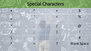Special Characters
+ “ > $
- ‘ < %
* , ( @
/ ; ) !
 : . #
^ = ? Blank Space
Bhuwan Bista
 