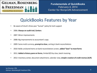 Fundamentals of QuickBooks
February 4, 2014
Center for Nonprofit Advancement

QuickBooks Features by Year
•

Be aware of Intuit’s three-year “Sunset” policy for tech support

•

2006: Always-on audit trail, Centers

•

2007: Minor improvements

•

2008: Big improvements to accountant’s copy

•

2009: Some multi-currency, prompt to close, sorting in bank reconciliations

•

2010: Bolds uncleared items on bank reconciliations screen, added “Save” to most forms

•

2011: Added a history pane on forms, limited B/S by class, batch invoicing

•

2012: Inventory center, document attachment, calendar view, simpler creation of credit memos (A/R)

Ian Shuman, CPA
Gelman, Rosenberg & Freedman CPAs

6

 