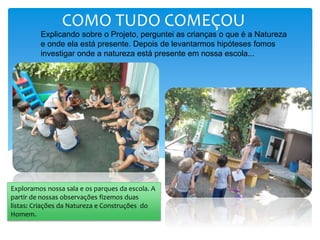 COMO TUDO COMEÇOU
Explicando sobre o Projeto, perguntei as crianças o que é a Natureza
e onde ela está presente. Depois de levantarmos hipóteses fomos
investigar onde a natureza está presente em nossa escola...
Exploramos nossa sala e os parques da escola. A
partir de nossas observações fizemos duas
listas: Criações da Natureza e Construções do
Homem.
 
