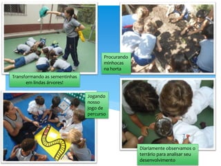 Transformando as sementinhas
em lindas árvores!
Procurando
minhocas
na horta
Diariamente observamos o
terrário para analisar seu
desenvolvimento
Jogando
nosso
jogo de
percurso
 