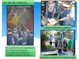 Os curumins ficaram responsáveis
por caçar a onça e pescar...
E as cuiatãs pela colheita da
mandioca e preparo do peixe...
Tribos reunidas para a cantoria
Ajudando o Cacique na montagem da Oca
No dia da vivência...
 