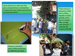 “Esse tronco é
pequeno então
ele é o filho...
Aquele é muito
grande, acho
que é o papai...
Não consigo
nem abraçar...”
Crianças do
Grupo 3 Manhã
Aproveitamos os dias dos Pais
para compararmos os tamanhos
e espessuras dos Caules que temos
na nossa escola!!!!!
Fizemos carimbos
para confeccionarmos
a toalhinha do Papai
 