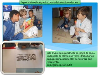 Explorando os brinquedos de madeira trazidos de casa
Esta árvore será construída ao longo do ano...
Cada parte da planta que vamos trabalhando
iremos colar os elementos da natureza que
represente.
Começamos pelo Caule!
 