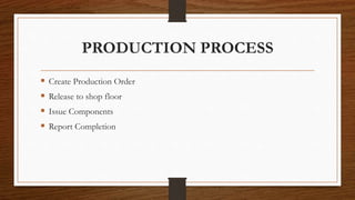 PRODUCTION PROCESS
 Create Production Order
 Release to shop floor
 Issue Components
 Report Completion
 