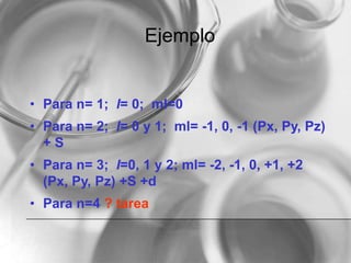 Ejemplo
• Para n= 1; l= 0; ml=0
• Para n= 2; l= 0 y 1; ml= -1, 0, -1 (Px, Py, Pz)
+ S
• Para n= 3; l=0, 1 y 2; ml= -2, -1, 0, +1, +2
(Px, Py, Pz) +S +d
• Para n=4 ? tarea
 