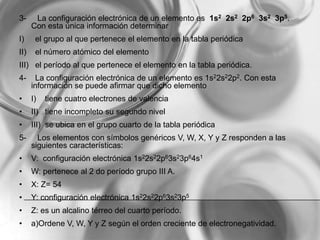 3- La configuración electrónica de un elemento es 1s2 2s2 2p6 3s2 3p5.
Con esta única información determinar
I) el grupo al que pertenece el elemento en la tabla periódica
II) el número atómico del elemento
III) el período al que pertenece el elemento en la tabla periódica.
4- La configuración electrónica de un elemento es 1s22s22p2. Con esta
información se puede afirmar que dicho elemento
• I) tiene cuatro electrones de valencia
• II) tiene incompleto su segundo nivel
• III) se ubica en el grupo cuarto de la tabla periódica
5- Los elementos con símbolos genéricos V, W, X, Y y Z responden a las
siguientes características:
• V: configuración electrónica 1s22s22p63s23p64s1
• W: pertenece al 2 do período grupo III A.
• X: Z= 54
• Y: configuración electrónica 1s22s22p63s23p5
• Z: es un alcalino térreo del cuarto período.
• a)Ordene V, W, Y y Z según el orden creciente de electronegatividad.
 