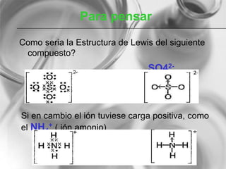 Para pensar
Como seria la Estructura de Lewis del siguiente
compuesto?
SO42-
Si en cambio el ión tuviese carga positiva, como
el NH4
+ ( ión amonio)
 