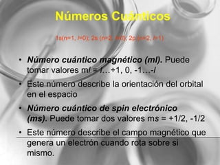 Números Cuánticos
• Número cuántico magnético (ml). Puede
tomar valores ml = l…+1, 0, -1…-l
• Este número describe la orientación del orbital
en el espacio
• Número cuántico de spin electrónico
(ms). Puede tomar dos valores ms = +1/2, -1/2
• Este número describe el campo magnético que
genera un electrón cuando rota sobre si
mismo.
1s(n=1, l=0); 2s (n=2, l=0); 2p (n=2, l=1)
 