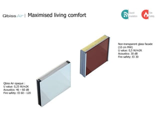 Maximised living comfort

Non‐transparent glass facade
(10 cm MW)
U value: 0,5 W/m2K
Acoustics: 30 dB
Fire safety: EI 30

Qbiss Air opaque :
U value: 0,25 W/m2K
Acoustics: 46 – 60 dB
Fire safety: EI 60 - 120

 