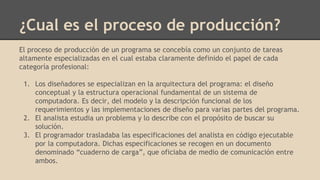 ¿Cual es el proceso de producción?
El proceso de producción de un programa se concebía como un conjunto de tareas
altamente especializadas en el cual estaba claramente definido el papel de cada
categoría profesional:
1. Los diseñadores se especializan en la arquitectura del programa: el diseño
conceptual y la estructura operacional fundamental de un sistema de
computadora. Es decir, del modelo y la descripción funcional de los
requerimientos y las implementaciones de diseño para varias partes del programa.
2. El analista estudia un problema y lo describe con el propósito de buscar su
solución.
3. El programador trasladaba las especificaciones del analista en código ejecutable
por la computadora. Dichas especificaciones se recogen en un documento
denominado “cuaderno de carga”, que oficiaba de medio de comunicación entre
ambos.
 
