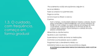 1.3. O cuidado,
com freqüência,
começa em
forma gradual
Provavelmentevocêjá esta ajudando a alguém a:
Levar ao Médico;
Fazer as compras no supermercado;
Pagar as contas;
Lavara roupa ou limpar a casa ou
Cozinhar.
Com o tempo, vocêpoderia oferecer maiores cuidados. Quem
sabe compartilhe a responsabilidade com outros membros da
família ou com amigos, ou quem sabe se encarreguede tudo
vocêmesmo, inclusive ate dedicar às 24 horas do dia ao
cuidado dessa pessoa. É provávelque o cuidado de outra
pessoa compreenda:
Alimentá-la ou dar-lhe banho;
Ajudá-la a usar o banheiro;
Supervisionar o horário de tomar as medicações;
Contratar a outras pessoas que a cuidem;
Programar todo o atendimento médico ou;
Administrar todos os seus assuntos econômicos e legais.
SE VOCÊ REALIZA ALGUMA DESTAS TAREFAS POR OUTRA PESSOA, ENTÃO VOCÊ É UM
CUIDADOR!
 