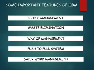 SOME IMPORTANT FEATURES OF QBM
PEOPLE MANAGEMENT
WASTE ELIMINATION
WAY OF MANAGEMENT
PUSH TO PULL SYSTEM
DAILY WORK MANAGEMENT
 