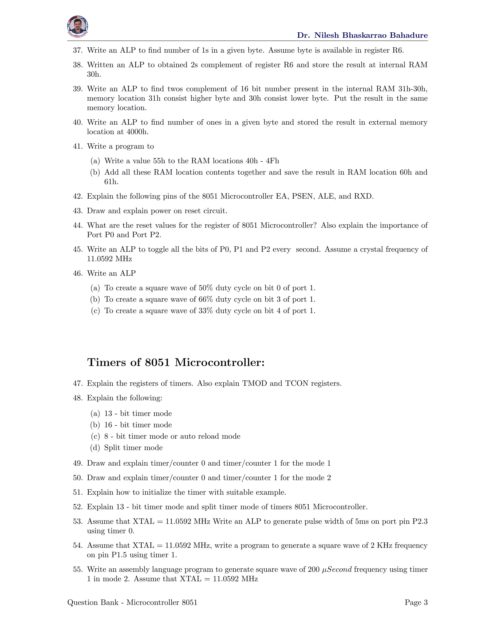 Question Bank microcontroller 8051 | PDF