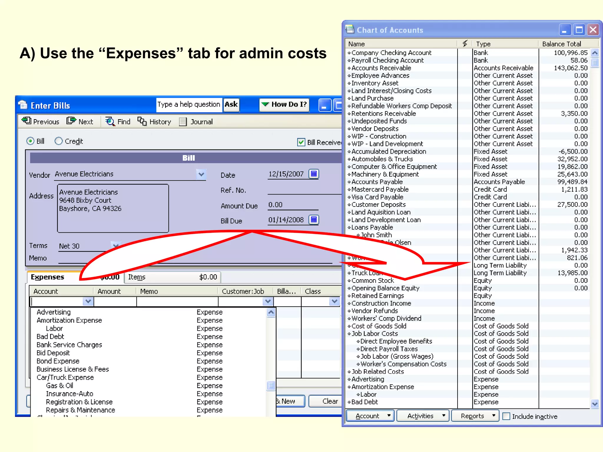 A) Use the “Expenses” tab for admin costs 