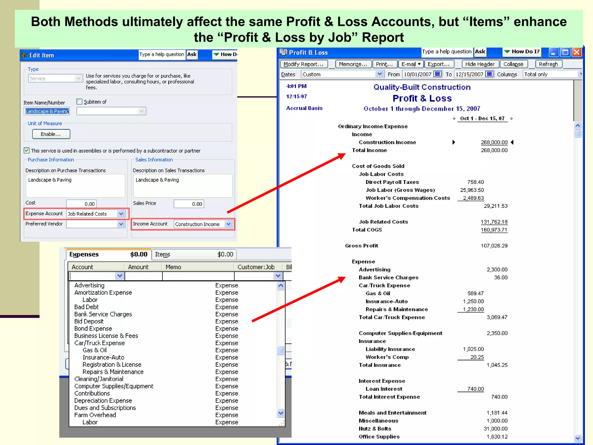 Both Methods ultimately affect the same Profit & Loss Accounts, but “Items” enhance the “Profit & Loss by Job” Report 