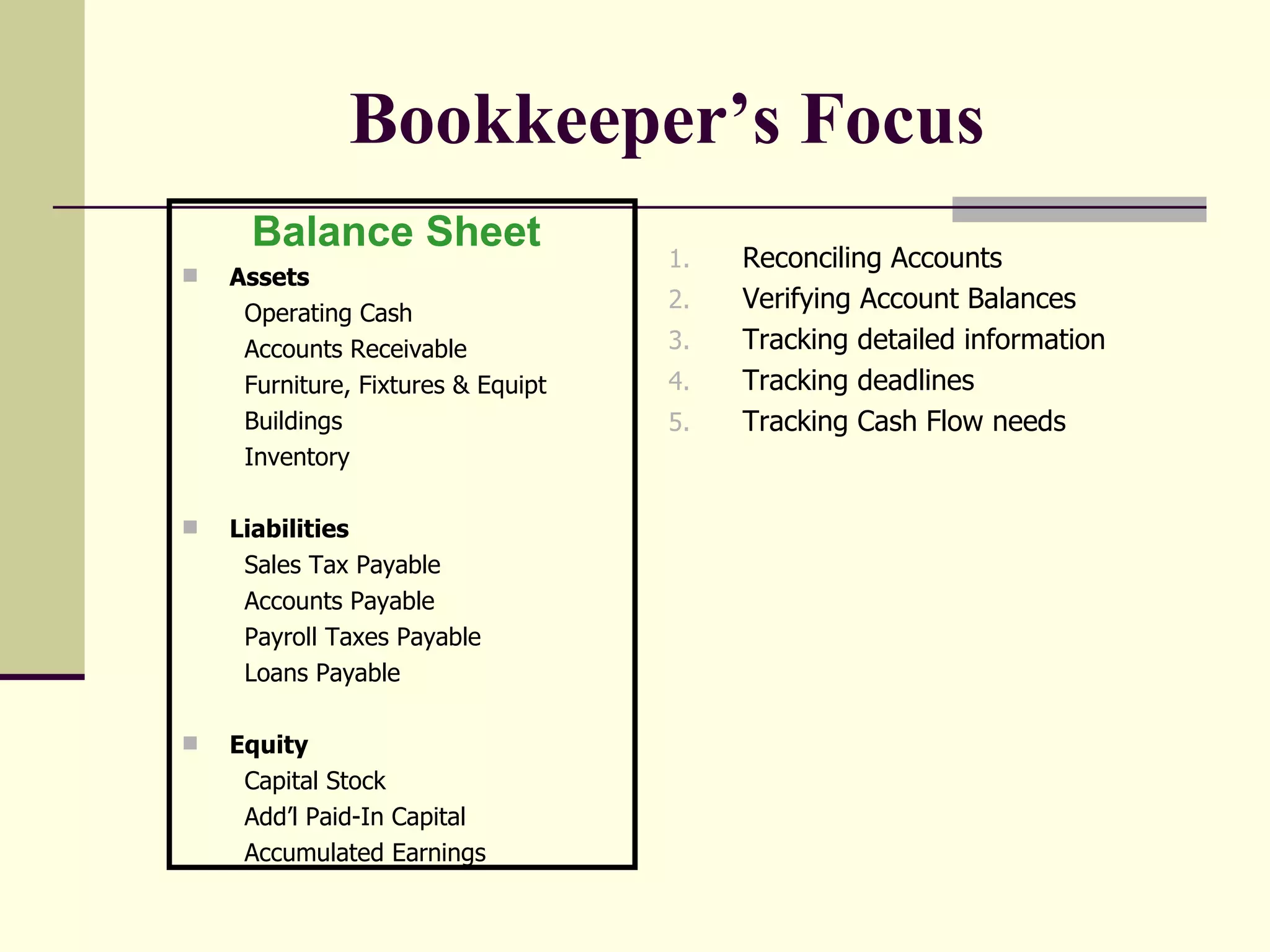Bookkeeper’s Focus Reconciling Accounts Verifying Account Balances Tracking detailed information Tracking deadlines Tracking Cash Flow needs Balance Sheet   Assets Operating Cash Accounts Receivable Furniture, Fixtures & Equipt Buildings Inventory Liabilities Sales Tax Payable Accounts Payable Payroll Taxes Payable Loans Payable Equity Capital Stock Add’l Paid-In Capital Accumulated Earnings 
