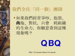 我們全在「同一個」團隊 如果我們經常爭吵、抱怨、推拖、對抗，只會內耗組織的生命力，你願意看到這種現象嗎？ QBQ 
