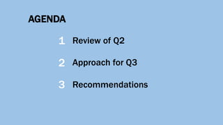 AGENDA
Review of Q2
Approach for Q3
Recommendations
1
2
3
 