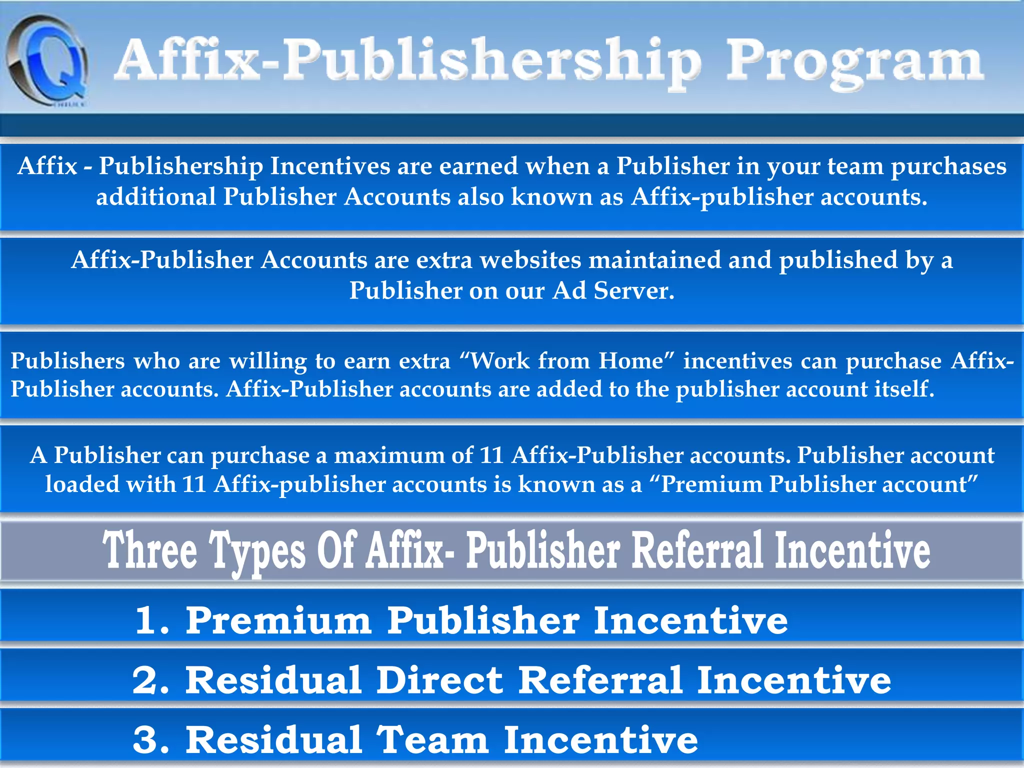 Affix - Publishership Incentives are earned when a Publisher in your team purchases
additional Publisher Accounts also known as Affix-publisher accounts.

Affix-Publisher Accounts are extra websites maintained and published by a
Publisher on our Ad Server.
Publishers who are willing to earn extra “Work from Home” incentives can purchase AffixPublisher accounts. Affix-Publisher accounts are added to the publisher account itself.

A Publisher can purchase a maximum of 11 Affix-Publisher accounts. Publisher account
loaded with 11 Affix-publisher accounts is known as a “Premium Publisher account”

1. Premium Publisher Incentive
2. Residual Direct Referral Incentive

3. Residual Team Incentive

 