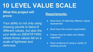 10 LEVEL VALUE SCALE
What this project will
prove:
Your ability to not only using
drawing pencils to blend 8
different values, but also the
your skills on IDENTIFYING
where those values fall on a
scale of lightness and
darkness.
Requirements:
● Must have 10 distinctly different values
represented
● Must have the correct organization
● Values must be clean and clearly
organized
● Have evidence of using a variety of
drawing pencils
 