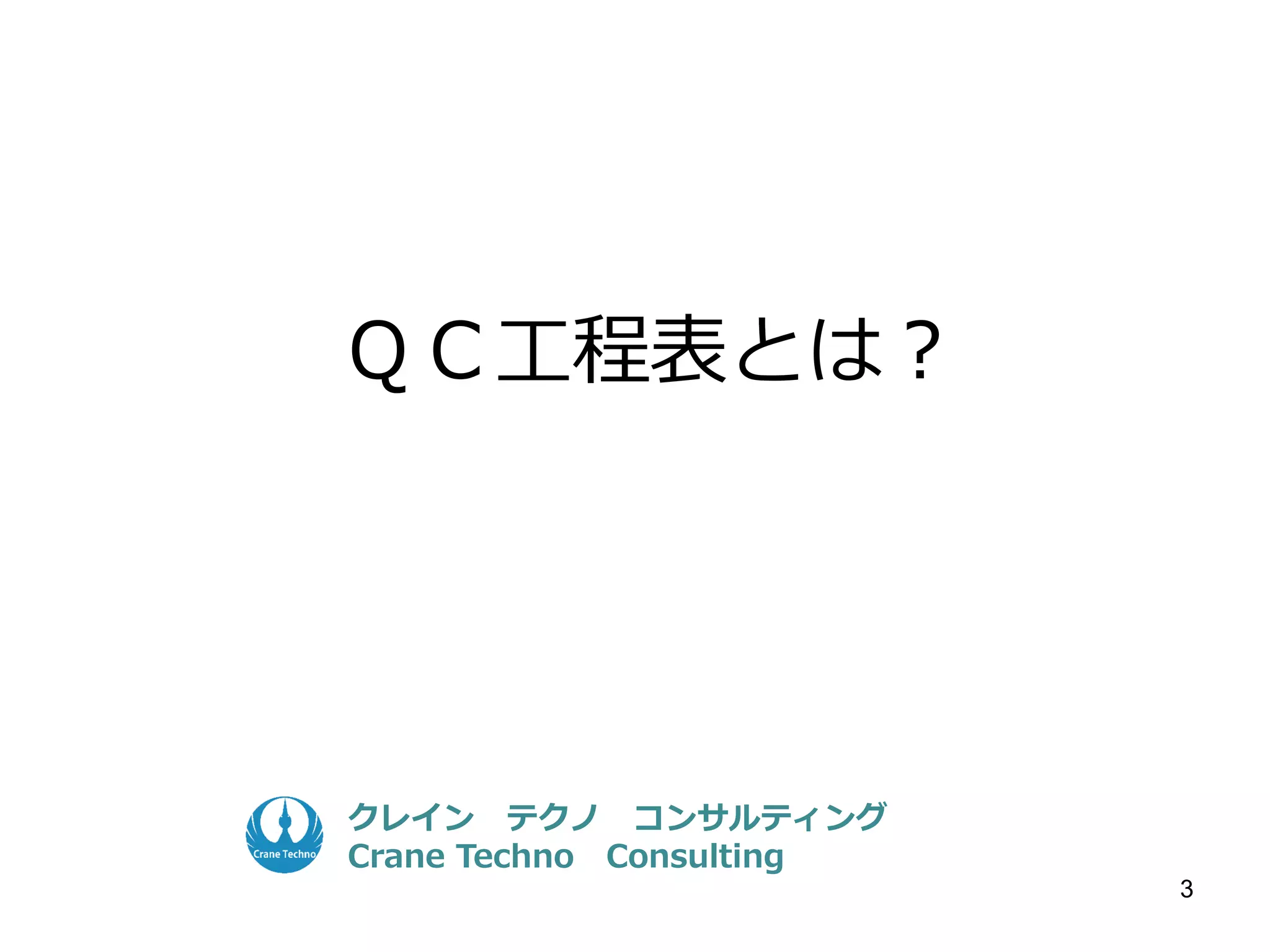 3
１．QＣ工程表の登場
第二次世界大戦後、アメリカから日本に品質管理の思想、方法が導入され
戦後の日本の高度成長を支える土台となり、「Made in Japan」はハイクォ
リティーの代名詞となった。
この時代の品質管理は作業の標準化を中心したもので標準化手法としては「
作業標準書」が生産現場で作成され、これを活用することによりバラツキの少
ない製品が生産され、品質管理が一挙に促進された。
しかし、個々の作業標準書の目次あるいは体系を表わす文書が欠如していた。
１９８０年６月に発行された「ねじ入門書」（（社）日本ねじ工業協会刊）
に図１の様式の資料が標準資料として掲載されている。
これが世間に発表された品質保証のための比較的初期の様式である。
その後、多くの企業がこの様式を倣って品質管理標準を作成し、品質保証の
プログラムとしている。
その後、いろいろ変遷を経て「工程品質管理表」あるいは「ＱＣ工程表」 「Ｑ
Ｃ工程管理図」 等の名称で多くの企業で採用されるようになった。
 
