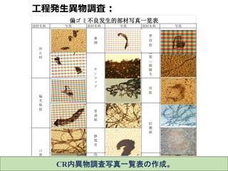 工程発生異物調査：
CR内異物調査写真一覧表の作成。
部材名称 部材名称 部材名称
封
止
材
赛
钢
偏ゴミ不良发生的部材写真一览表
写真 写真 写真
梦
纹
胶
サ
ン
マ
ッ
プ
頭
髪
(
眼
睫
毛
)
防
塵
布
偏
光
板
胶
皮
肤
普
通
紙
防
塵
紙
口
罩
静
電
皮
泡
沫
(
托
 