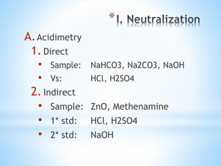 *
A.Acidimetry
1.Direct
• Sample: NaHCO3, Na2CO3, NaOH
• Vs: HCl, H2SO4
2.Indirect
• Sample: ZnO, Methenamine
• 1* std: HCl, H2SO4
• 2* std: NaOH
 