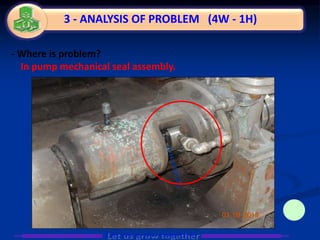 - Where is problem?
In pump mechanical seal assembly.
3 - ANALYSIS OF PROBLEM (4W - 1H)
 