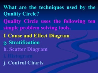 What are the techniques used by the
Quality Circle?
Quality Circle uses the following ten
simple problem solving tools.
f. Cause and Effect Diagram
g. Stratification
h. Scatter Diagram
i. Histogram
j. Control Charts
 