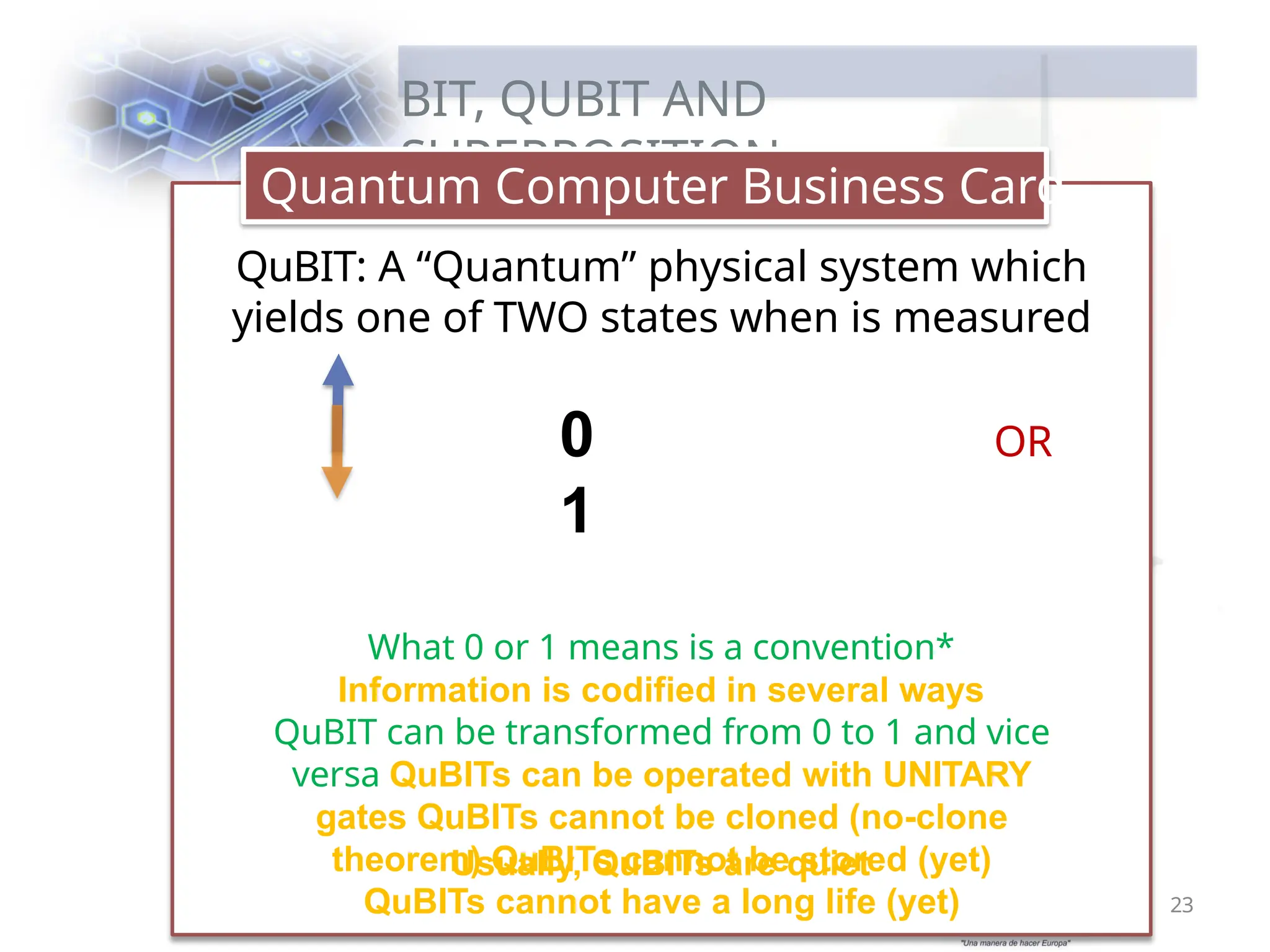 BIT, QUBIT AND
SUPERPOSITION
Quantum Computer Business Card
QuBIT: A “Quantum” physical system which
yields one of TWO states when is measured
0 OR
1
What 0 or 1 means is a convention*
Information is codified in several ways
QuBIT can be transformed from 0 to 1 and vice
versa QuBITs can be operated with UNITARY
gates QuBITs cannot be cloned (no-clone
theorem) QuBITs cannot be stored (yet)
QuBITs cannot have a long life (yet)
Usually, QuBITs are quiet
23
 