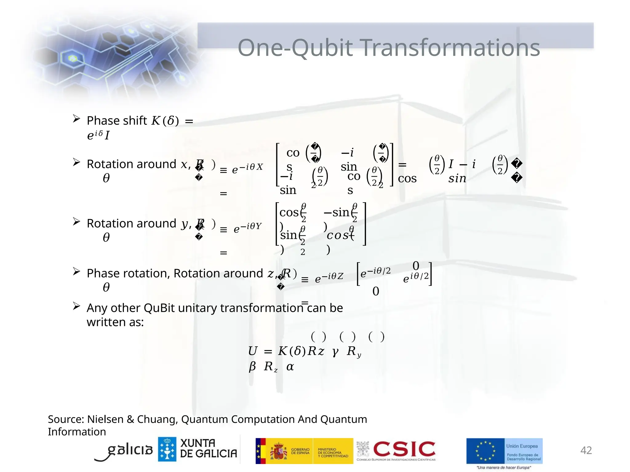 One-Qubit Transformations
 Phase shift 𝐾(𝛿) =
𝑒𝑖𝛿𝐼
�
�
 Rotation around 𝑥, 𝑅
𝜃
≡ 𝑒−𝑖𝜃𝑋
=
co
s
�
�
2
−𝑖
sin
�
�
2
−𝑖
sin
𝜃
2
co
s
𝜃
2
=
cos
𝜃
2
𝐼 − 𝑖
𝑠𝑖𝑛
𝜃
2
�
�
�
�
 Rotation around 𝑦, 𝑅
𝜃
≡ 𝑒−𝑖𝜃𝑌
=
𝜃
cos(
)
𝜃
−sin(
)
2
𝜃
sin(
)
2
𝜃
2
2
𝑐𝑜𝑠(
)
�
�
 Phase rotation, Rotation around 𝑧, 𝑅
𝜃
≡ 𝑒−𝑖𝜃𝑍
=
𝑒−𝑖𝜃/2
0
0
𝑒𝑖𝜃/2
 Any other QuBit unitary transformation can be
written as:
𝑈 = 𝐾(𝛿)𝑅𝑧 𝛾 𝑅𝑦
𝛽 𝑅𝑧 𝛼
42
Source: Nielsen & Chuang, Quantum Computation And Quantum
Information
 