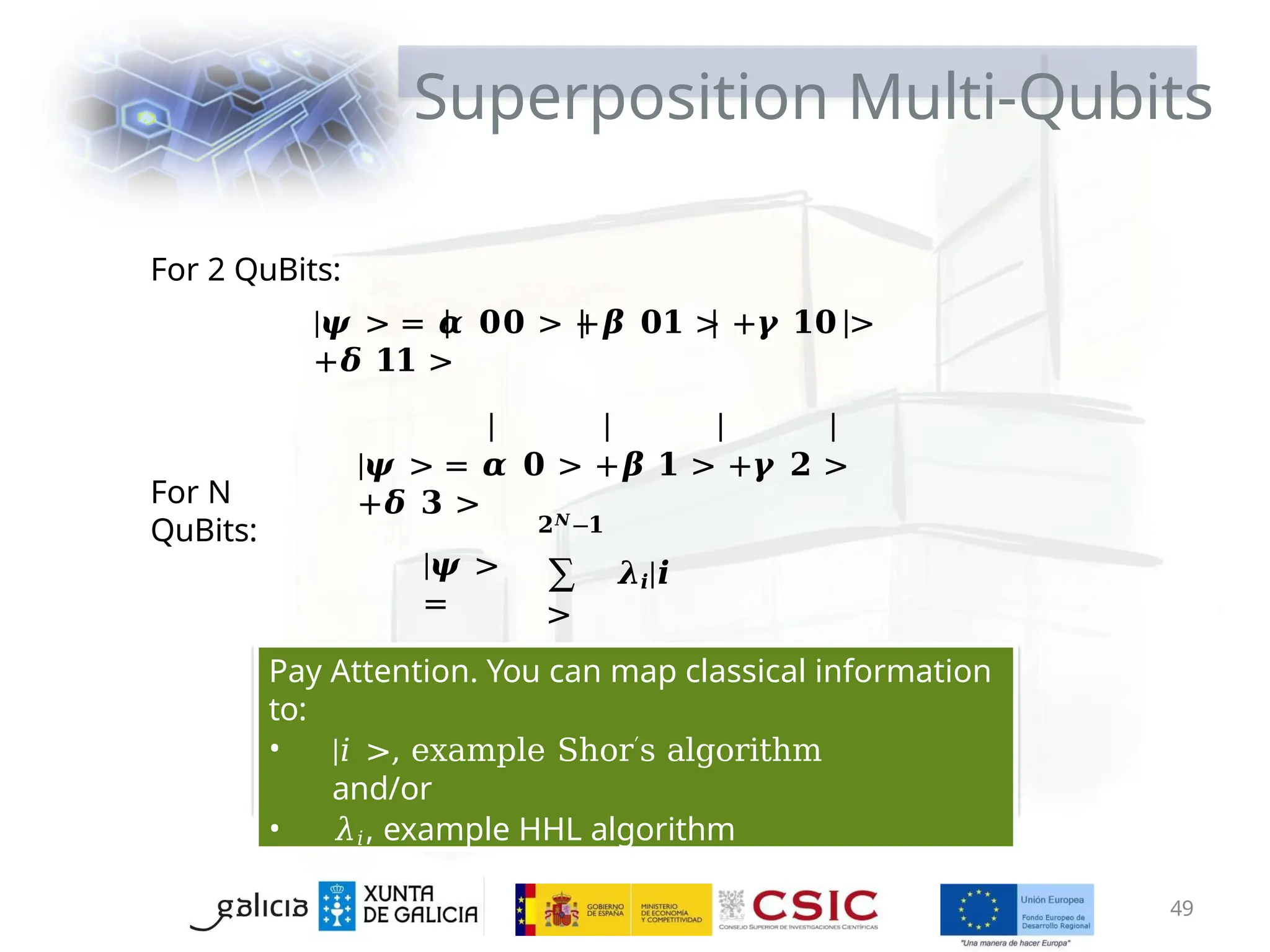 Superposition Multi-Qubits
For N
QuBits:
For 2 QuBits:
|𝝍 > = 𝜶 𝟎𝟎 > +𝜷 𝟎𝟏 > +𝜸 𝟏𝟎 >
+𝜹 𝟏𝟏 >
|𝝍 > = 𝜶 𝟎 > +𝜷 𝟏 > +𝜸 𝟐 >
+𝜹 𝟑 >
|𝝍 >
=
𝟐𝑵−𝟏
∑ 𝝀𝒊|𝒊
>
𝒊=𝟎
Pay Attention. You can map classical information
to:
• |𝑖 >, example Shor′s algorithm
and/or
• 𝜆𝑖, example HHL algorithm
49
 