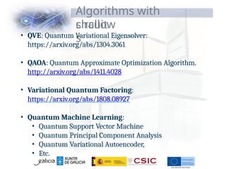 Algorithms with
shallow
circuit
s
• QVE: Quantum Variational Eigensolver:
https://arxiv.org/abs/1304.3061
• QAOA: Quantum Approximate Optimization Algorithm.
http://arxiv.org/abs/1411.4028
• Variational Quantum Factoring:
https://arxiv.org/abs/1808.08927
• Quantum Machine Learning:
• Quantum Support Vector Machine
• Quantum Principal Component Analysis
• Quantum Variational Autoencoder,
• Etc.
 