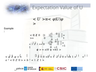 Expectation Value of U
< 𝑈 >≡< 𝜑|𝑈|𝜑
>
Example
:
< 0 𝑍 0
>=
1
0
1 0
1
0 −1
0
=
1
< 1 𝑍 1 >= 0
1
1 0
0
0 −1
1
=
−1
𝜑 > = 𝑎 0 > +𝑏|1 >
< 𝜑 𝑍 𝜑 > = 𝑎̅ < 0 +𝑏̅ < 1 𝑍 𝑎 0 > +𝑏 1 > =
𝑎 2 < 0 𝑍 0 > + 𝑏 2 < 1 𝑍 1 >
 