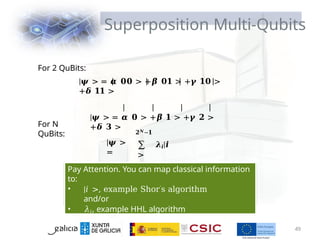 Superposition Multi-Qubits
For N
QuBits:
For 2 QuBits:
|𝝍 > = 𝜶 𝟎𝟎 > +𝜷 𝟎𝟏 > +𝜸 𝟏𝟎 >
+𝜹 𝟏𝟏 >
|𝝍 > = 𝜶 𝟎 > +𝜷 𝟏 > +𝜸 𝟐 >
+𝜹 𝟑 >
|𝝍 >
=
𝟐𝑵−𝟏
∑ 𝝀𝒊|𝒊
>
𝒊=𝟎
Pay Attention. You can map classical information
to:
• |𝑖 >, example Shor′s algorithm
and/or
• 𝜆𝑖, example HHL algorithm
49
 