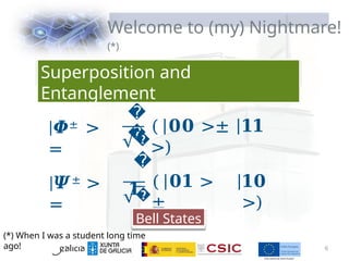 Welcome to (my) Nightmare!
(*)
|𝜱± >
=
�
� ( 𝟎𝟎 >± 𝟏𝟏
>)
|𝜳± >
=
�
�
𝟏
�
�
( 𝟎𝟏 >
±
𝟏𝟎
>)
Bell States
Superposition and
Entanglement
6
(*) When I was a student long time
ago!
 