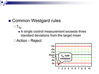  Common Westgard rules
13s
 A single control measurement exceeds three
standard deviations from the target mean
Action - Reject
 