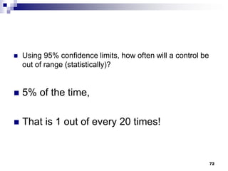 72
 Using 95% confidence limits, how often will a control be
out of range (statistically)?
 5% of the time,
 That is 1 out of every 20 times!
 