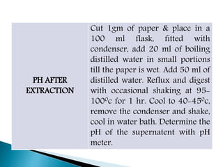 PH AFTER
EXTRACTION
Cut 1gm of paper & place in a
100 ml flask, fitted with
condenser, add 20 ml of boiling
distilled water in small portions
till the paper is wet. Add 50 ml of
distilled water. Reflux and digest
with occasional shaking at 95-
1000c for 1 hr. Cool to 40-450c,
remove the condenser and shake,
cool in water bath. Determine the
pH of the supernatent with pH
meter.
 