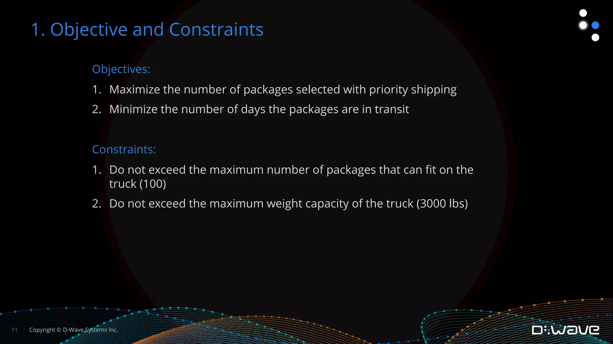Copyright © D-Wave Systems Inc.
11
Objectives:
1. Maximize the number of packages selected with priority shipping
2. Minimize the number of days the packages are in transit
Constraints:
1. Do not exceed the maximum number of packages that can fit on the
truck (100)
2. Do not exceed the maximum weight capacity of the truck (3000 lbs)
1. Objective and Constraints
 