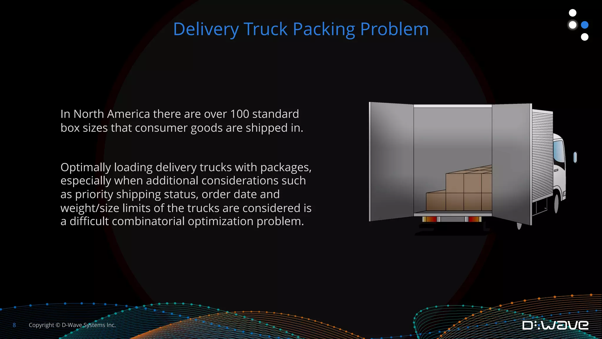 Copyright © D-Wave Systems Inc.
8
In North America there are over 100 standard
box sizes that consumer goods are shipped in.
Optimally loading delivery trucks with packages,
especially when additional considerations such
as priority shipping status, order date and
weight/size limits of the trucks are considered is
a difficult combinatorial optimization problem.
Delivery Truck Packing Problem
 