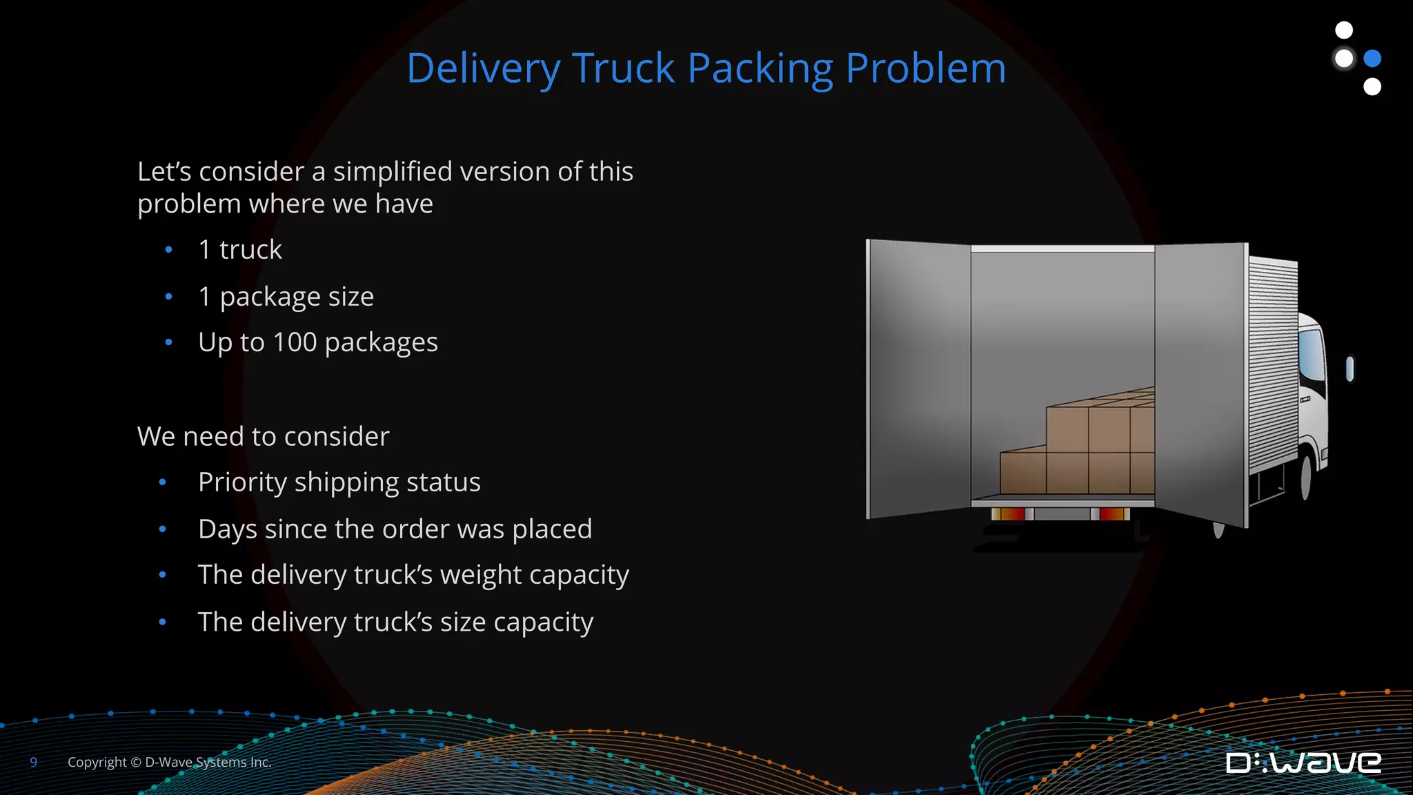 Copyright © D-Wave Systems Inc.
9
Let’s consider a simplified version of this
problem where we have
• 1 truck
• 1 package size
• Up to 100 packages
We need to consider
• Priority shipping status
• Days since the order was placed
• The delivery truck’s weight capacity
• The delivery truck’s size capacity
Delivery Truck Packing Problem
 